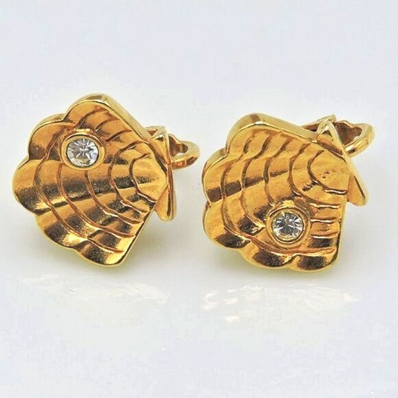 Vintage Gold Shell & Rhinestone Clip On Earrings - Picture 3 of 11